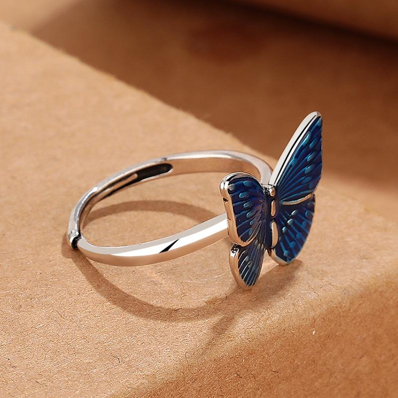 Blue Enamel Butterfly Ring Female Titanium Steel Design Sense Fashion Open Adjustable Creative Finger Ring