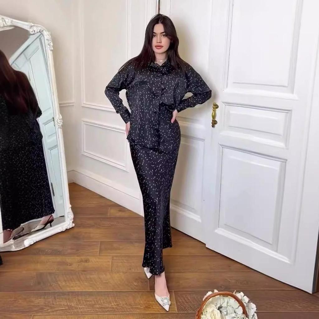 2024 Autumn Retro Print Shirt & Midi Skirt Two-Piece Set for Women