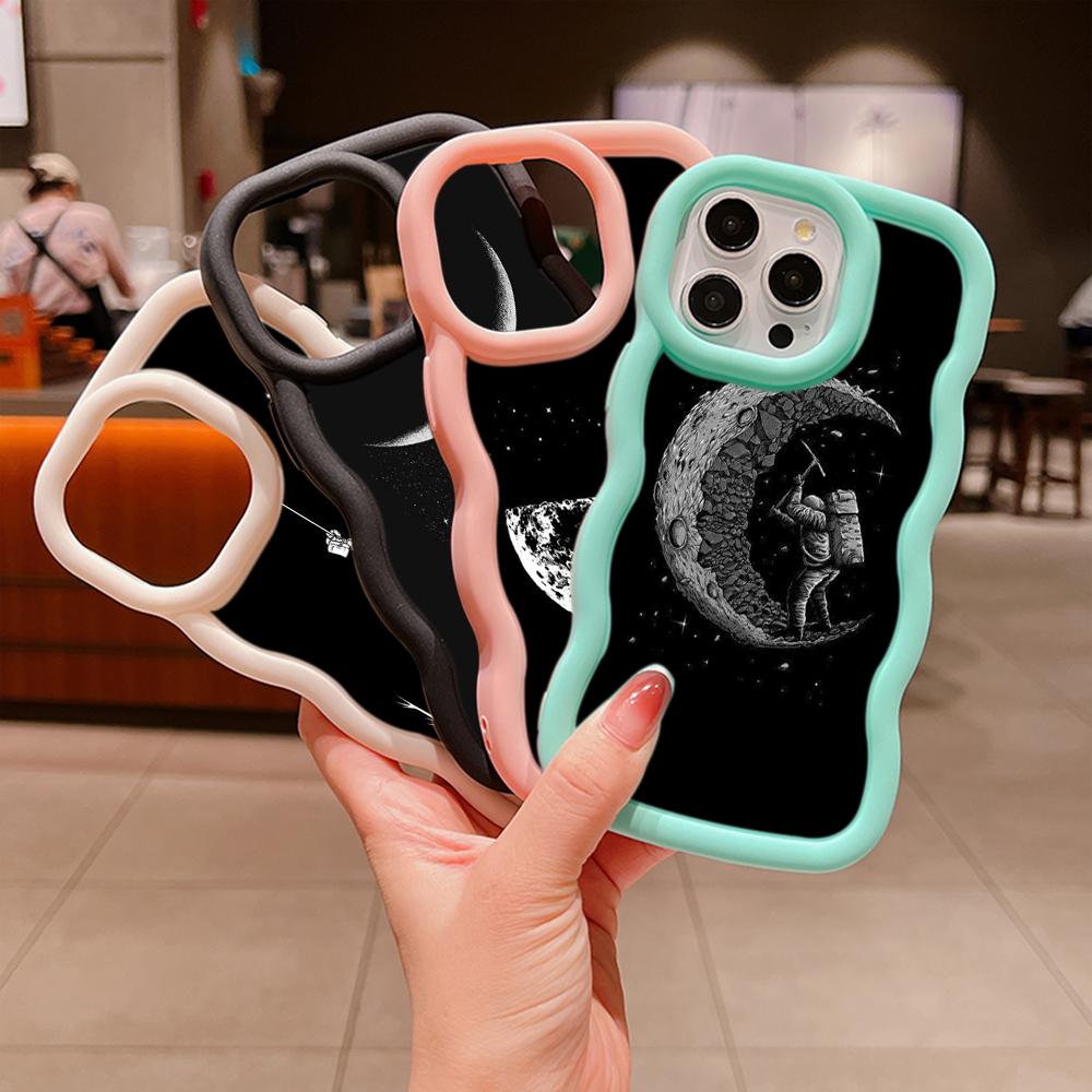 Ae97 Space Moon Astronaut Black art Protective Phone Cases for iPhone 14 13 Pro Max 11 12 15 Plus Infinix Hot 40i Smart8 Tecno Big Wave TPU Back Cover