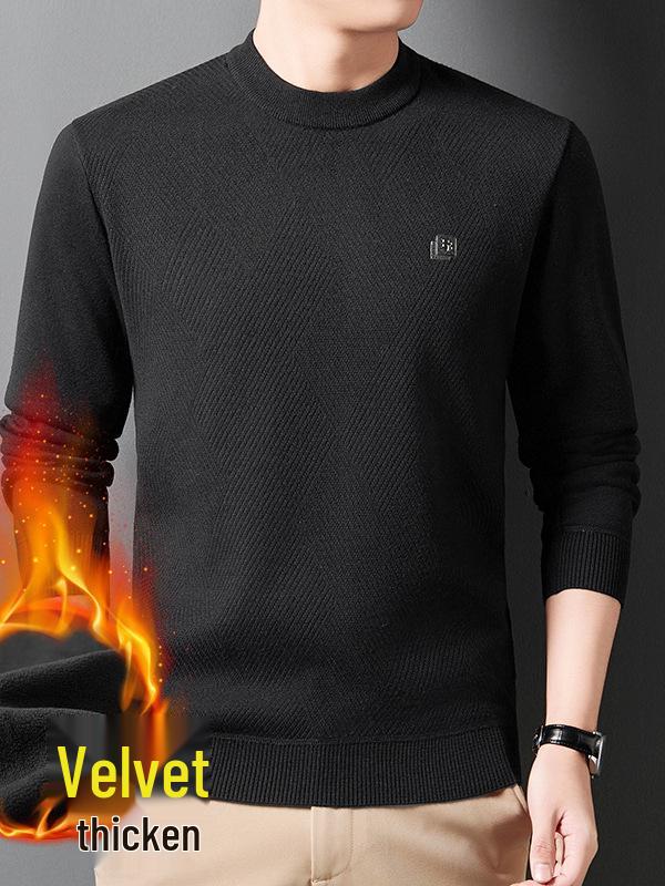 Men's Solid Color Half-High Collar Fleece Knit Sweater - Warm, Casual Base Layer Shirt