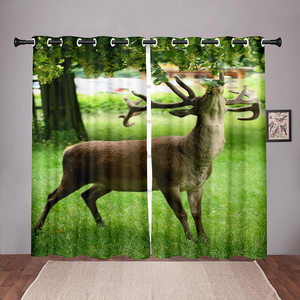 Thick 90% Shading Nature Deer Animal Forest Green TreeBlackout Window Curtain For Bedroom Living Room Bathroom Kicthen Door Hall