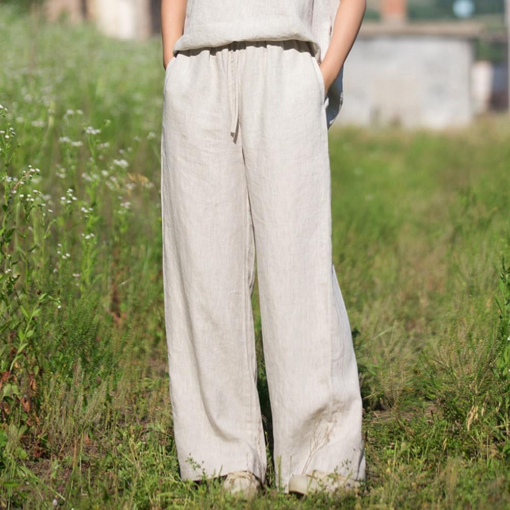Johnature Women Vintage Straight Pants Summer Chinese Style High Quality Trousers Elastic Waist Soft Long Pants