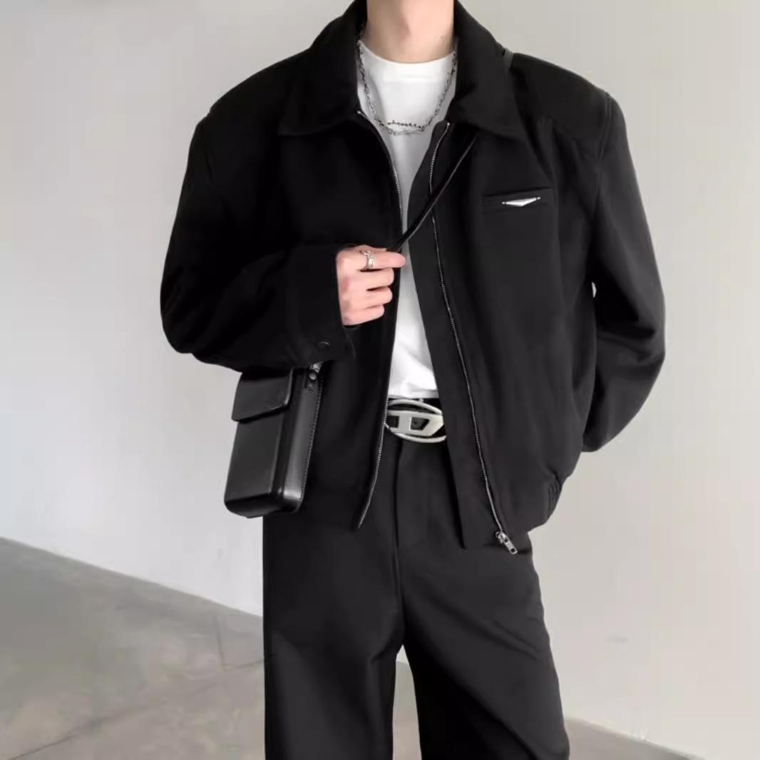 

Men s CleanFit Black Lapel Baseball Jacket - Autumn/Winter High-End Stylish Shoulder Pad Coat XL чорний