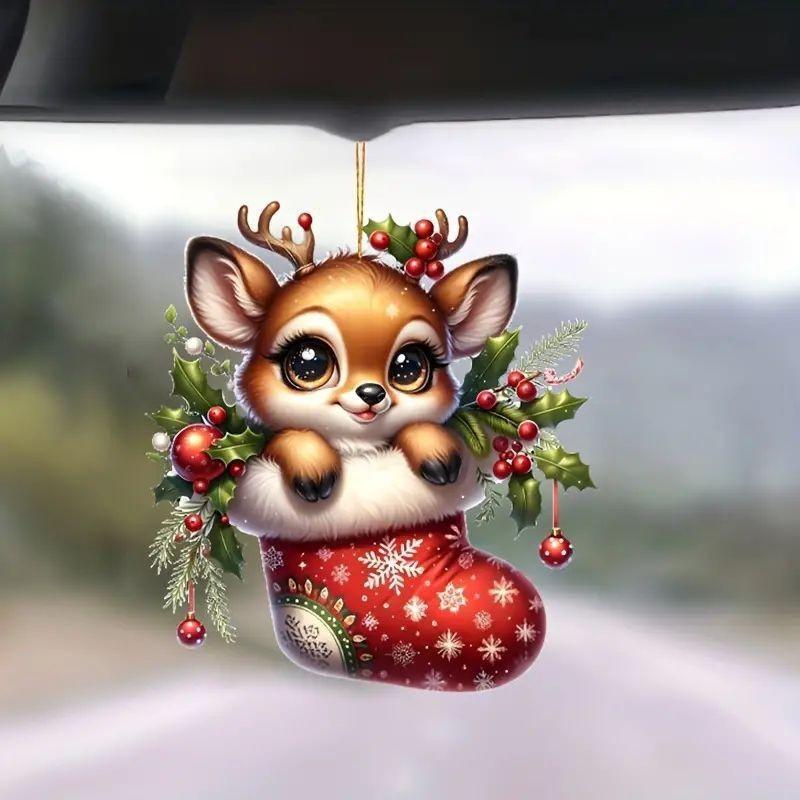 Adorable 2d Acrylic Reindeer Car Mirror Ornament Perfect For Christmas Decor Gifts