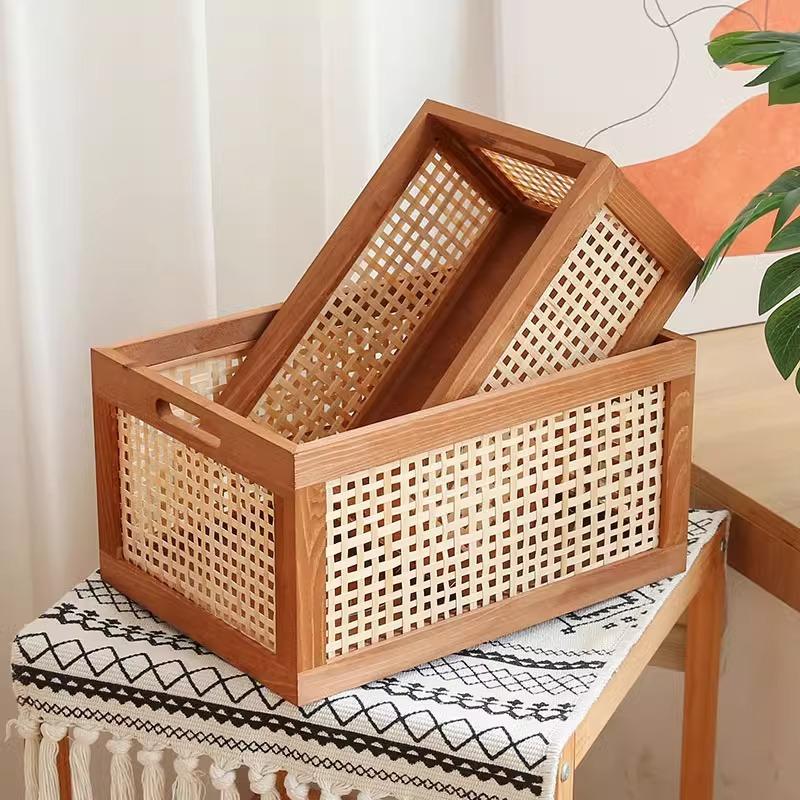 Retro Solid Wood Storage Box with Rattan Accents - Multifunctional Desktop Organizer for Home, Kitchen & Bathroom