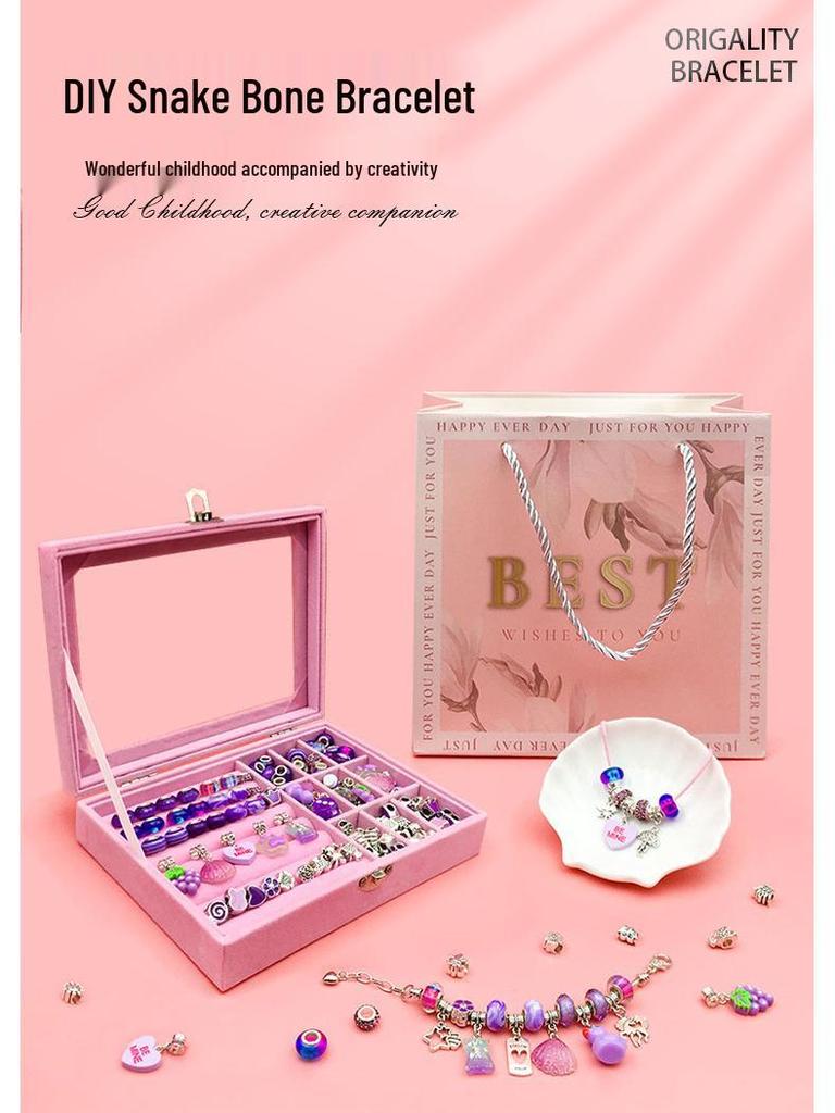 66-Piece Purple Nine-Grid DIY Jewelry Box Set - Children's Handmade Bead Bracelet Kit & Gift Box