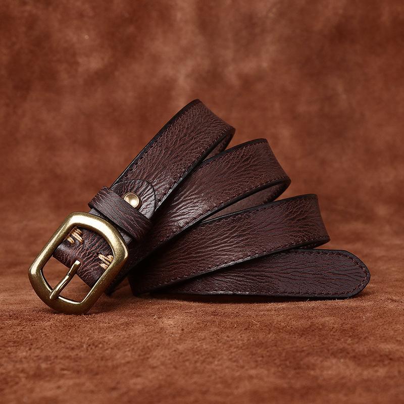 Retro Fashion Personalized Concave Belt Women'S Leather Pin Buckle Pure Cowhide Korean Version Versatile Rough Pattern Jeans Belt Women
