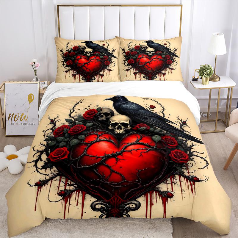 3pcs Gothic Heart with Ravens Skulls and Red Roses Printed Bedding Set, Soft and Comfortable Quilt Cover for Bedroom, Guest Room