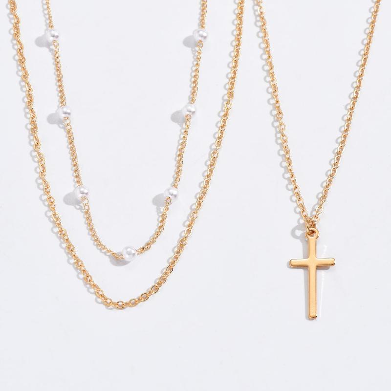 Women's Faux Pearl & Cross Pendant Necklace (Random Pearl Quantity)