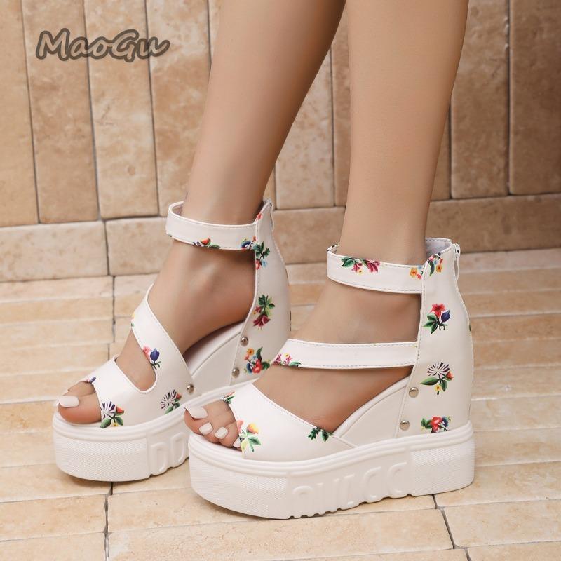 Fashion Floral Print Women Platform Sandals Black White PU Leather Women's Fish Mouth Back Zip Summer Footwear Sandalias De Mujer Size35