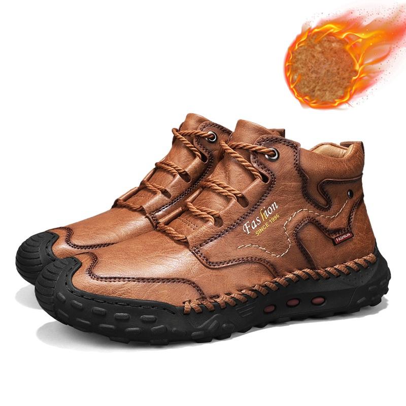 Mens Handmade Casual Leather Loafers Casual Shoes High Boots Leather Winter Sport for Men Soft and Comfortable Non-slip Cotton-padded Ankle Boots