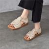 Genuine Leather Peep Toed Sandals Retro Versatile Square Toe Flat Women's Shoes