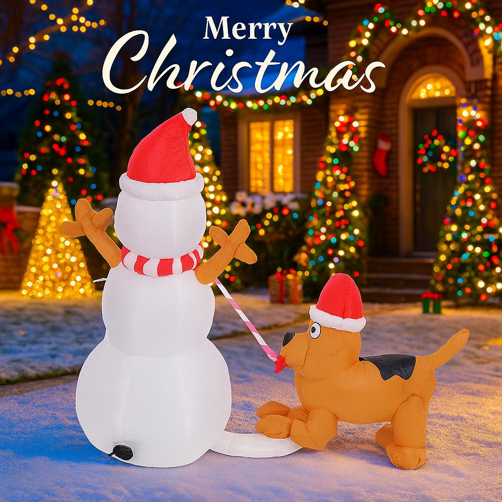 3.94FT Christmas Inflatable Toys Xmas Yard Lawn Home Party Decoration Snowman Dog Supplies Ornament Festive Gift With LED Light