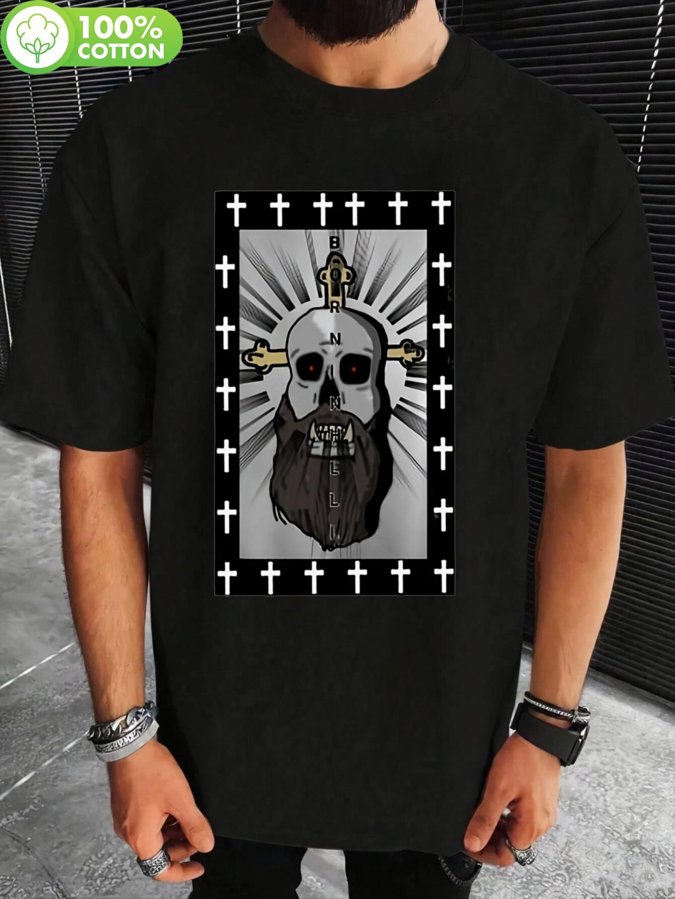 

Born in Hell Graphic T-shirt - Skull & Crosses Print L