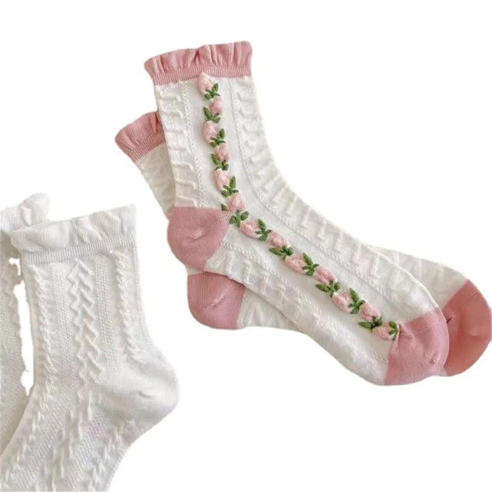 5 Pairs Women White Pink Floral Pattern Socks Cute Sweet Versatile Fashionable Socks Comfortable Breathable Mid Length Socks
