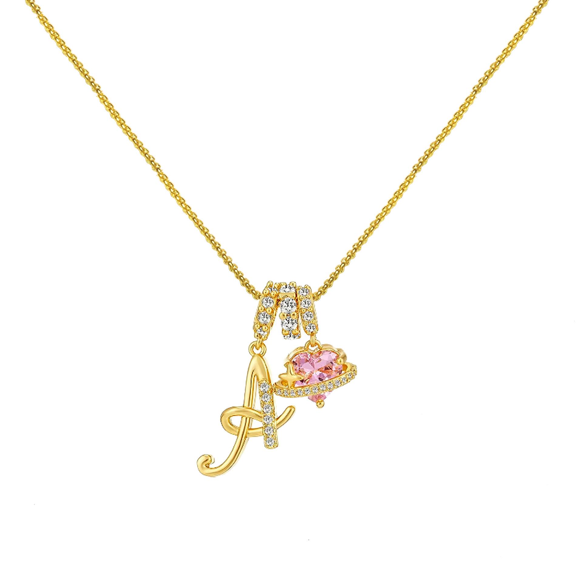 

Initial Letter Necklace Sparkling Pink Heart Cubic Zircon Charm Alphabet Necklace Women Statement Love Jewelry
