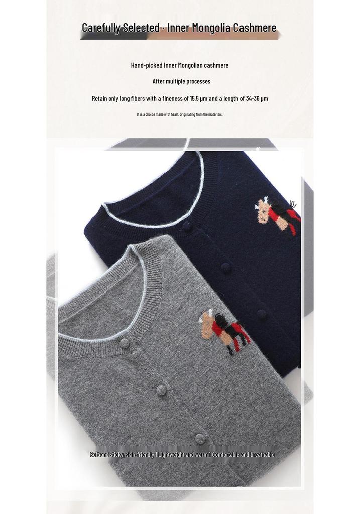 Lekasha Women's 100% Pure Cashmere Round Neck Cardigan with Embroidered Little Horse and Color Block Design