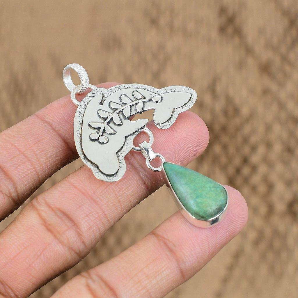 Anniversary Gift For Her Natural Chrysoprase Gemstone Pendant Fish 925 Silver
