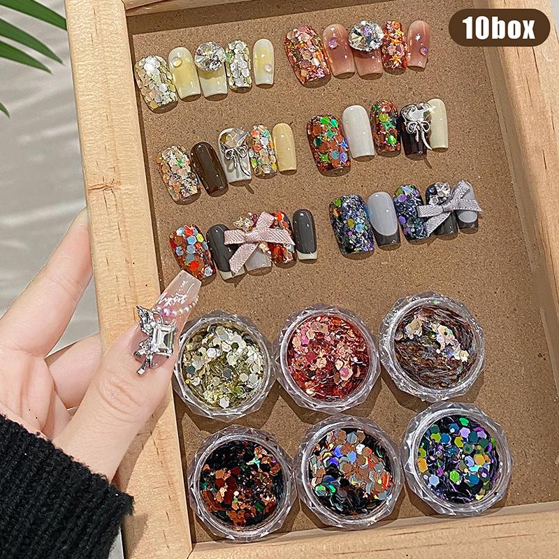 10Boxes Nail Art Charms Random Assorted Multicolor Polygonal Glitter Sequins Shiny Nail Art Decorations DIY
