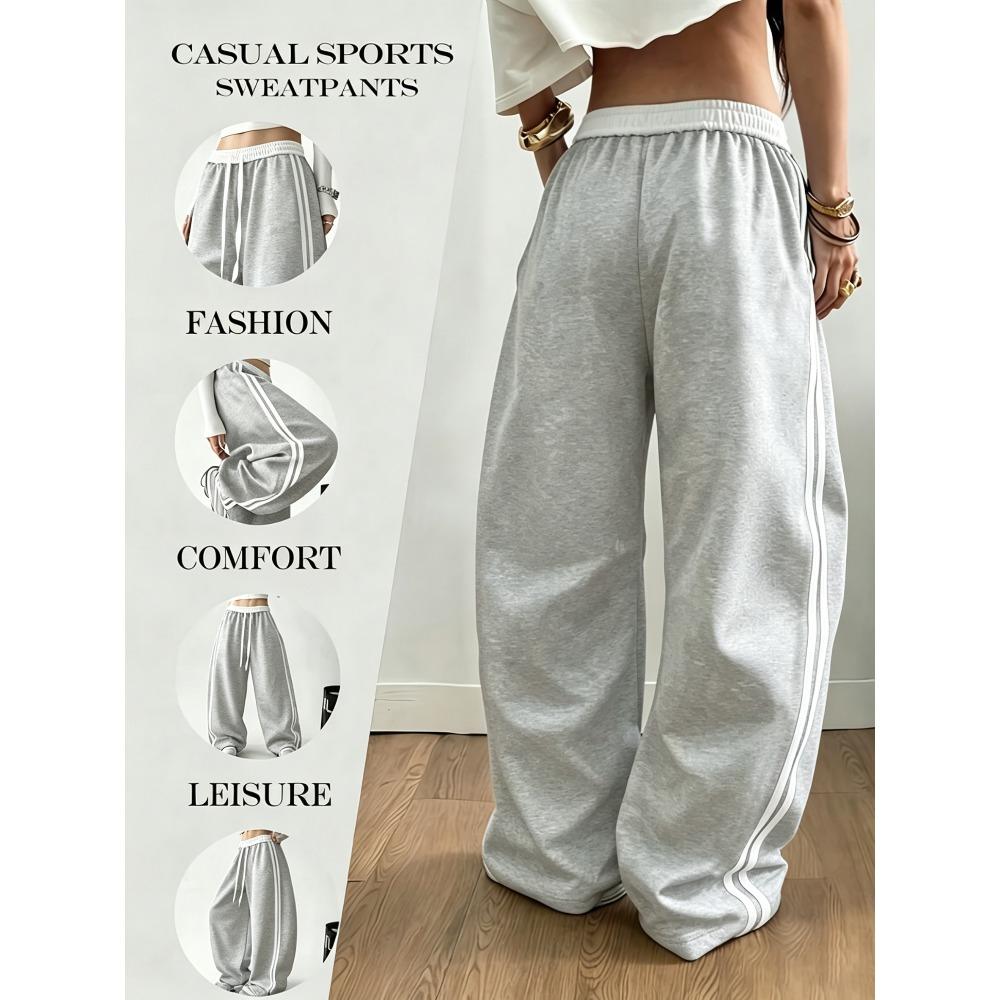 Dames Color Block Gestreepte Sneldrogende Gebogen Broek, Hoge Taille Losse Wijde Pijp Casual Sportbroek