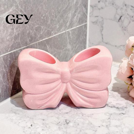 Cute Bow Bathroom Ornament 3D Printed Toothbrush Holder, Adhesive Cup with Dual Holes for Counter Organizer & Toothpaste, Decor, Minimalist