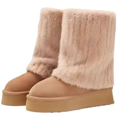 Sapatos da Moda para Mulheres 2024 Novas Botas Femininas Slip on Inverno Bico Redondo Sólido Flocado Pelúcia Quente Salto Médio À Prova d'Água Botas de Neve Casuais
