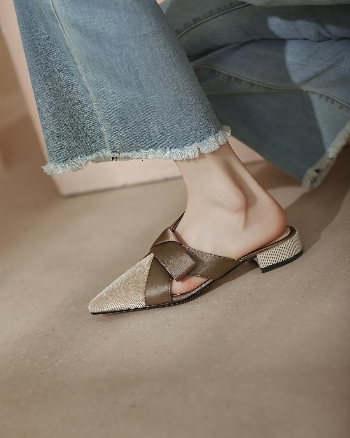 

Fashion 2024 Summer Women Shoes Pointed Toe Low Heel Slippers Fashion Shoes for Women Casual Mules for Women Butterfly-knot Lady Shoes 34 коричневый