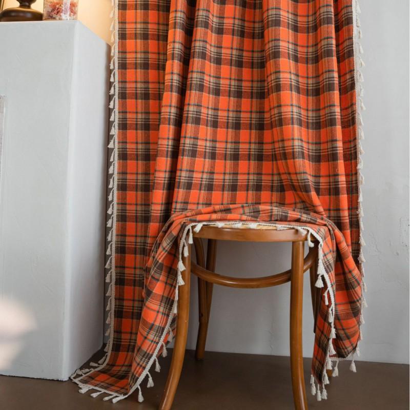 French Style Orange Checkered Cotton Linen Curtain Semi-Sheer Kitchen Dining Bay Window