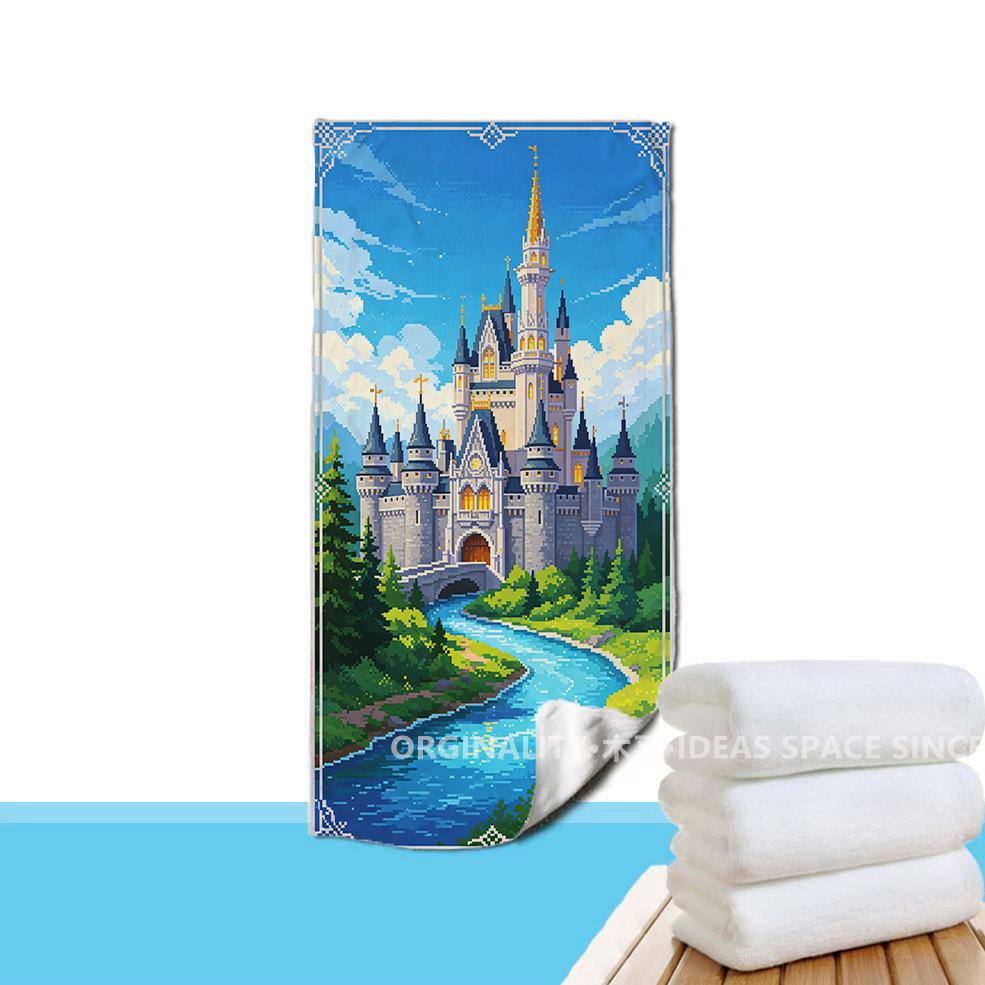 Pixel Art Fairy Castle Beach Towel Patterned Sunscreen And Windproof Suitable For Swimming Pool Camping Travel Blanket