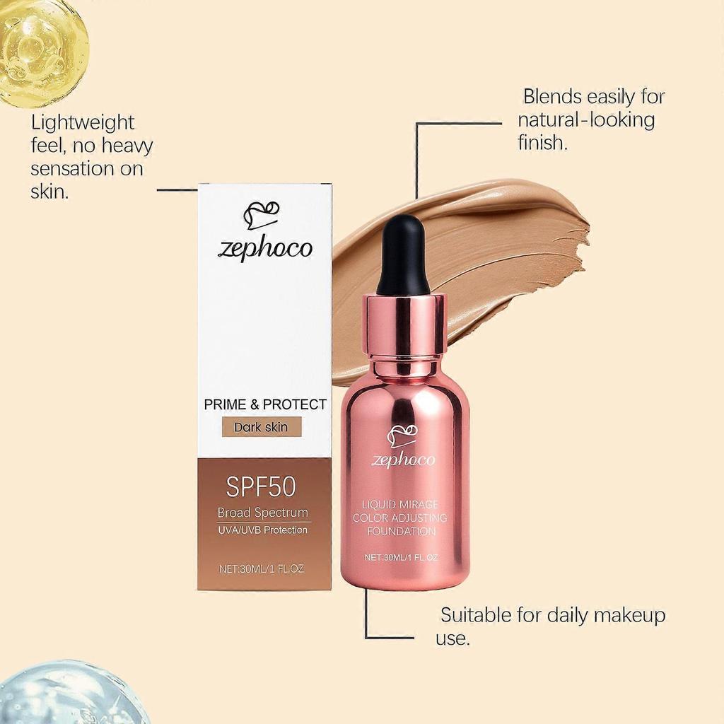 Zephoco Deep Skin Tone Protective Color-Changing Foundation Liquid, Lightweight, Moisturizing, Natural, Smooth, Transparent, Concealing Foundation
