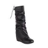 Ladies' Fashionable Solid Color Casual Boots With Pleated Detail Comfy Wedges Heels Slouch Boots Mid Calf Back Lace Up Shoes