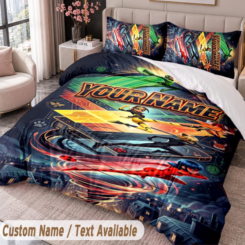 Custom Name Text 3Pcs Bedding Set Miraculous Ladybug Duvet Cover And Two Pillowcases