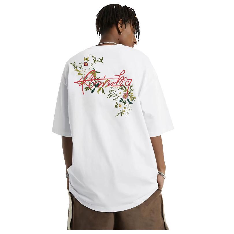 Американский Хай-стрит Цветочная вышивка Короткий рукав Мужская Модный бренд Тяжелая футболка Пара Черный Высококлассный Топ с половиной рукава Унисекс S белый 1828₽