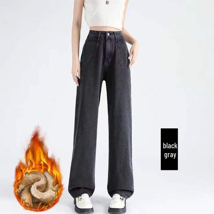 

Plus Velvet High-Waisted Wide-Leg Jeans: Women s 2025 Autumn/Winter Slimming Straight Loose Petite Floor-Length Pants XL