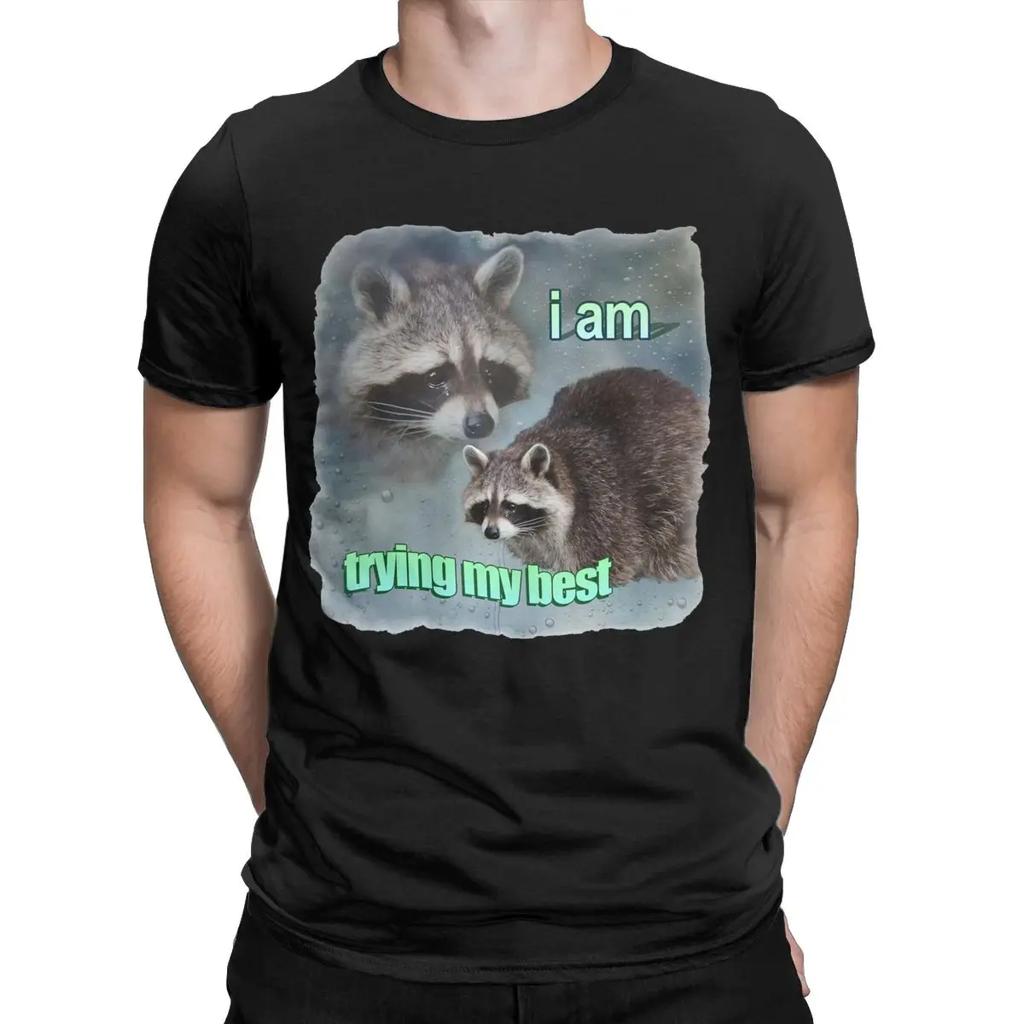 I Am Trying My Best Raccoon Word T Shirt Men's 100% Cotton Vintage T-Shirts Crew Neck Tees Short Sleeve Tops Classic