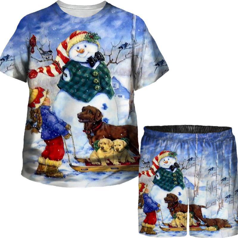 Boys Girls Funny Christmas T Shirts Shorts Sets Xmas Santa Claus 3D Printed Tees/Suits Kids Holiday Party Vacation Clothing Set