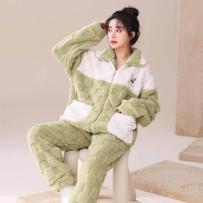 Women's Flannel Jacquard Pajamas - Zippered, Thickened, Warm Autumn/Winter Outerwear