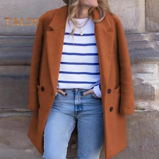 Damen Wintermantel Zweireihiger Umlegekragen Lange Ärmel Knöpfe Strickjacke Übergröße Mittellanger Outdoor Wollmantel