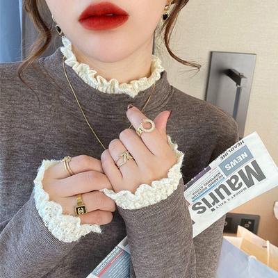 Haut Long Manches Longues Chaud pour Femme Automne Hiver Nouveau Velours Allemand Dentelle Col Semi-montant