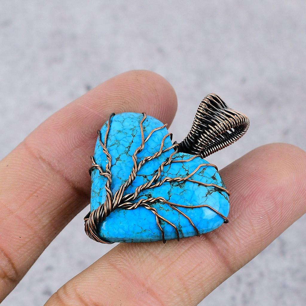 Tree Of Life Tibetan Turquoise Pendant, 999 Copper Wire Wrapped Gemstone Jewelry, Handmade Pendant, For Thanksgiving
