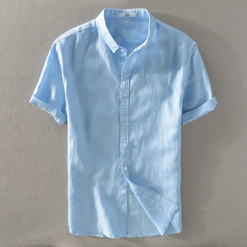 Men's Sky Blue Slim Fit Linen-Cotton Short-Sleeve Shirt