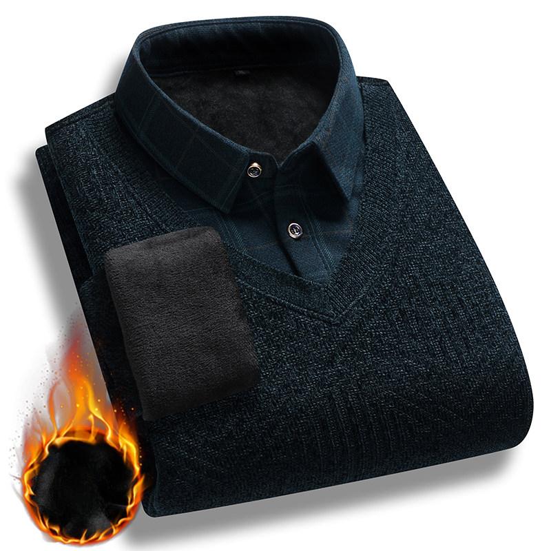 Men Fake Two Piece Sweater Knitting Pullover Winter Warm Thick Polo Neck Retro Fashion Solid Casual Fleece Lined Sweaters
