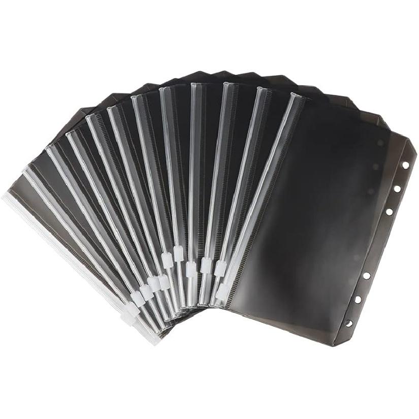 A5 Binder Pockets - Black Zipper Pouches, Translucent PVC Cash Budget Envelopes, 12pcs 6 Hole Document Filing Bags for Notebook Binder, Cash A6 Inches