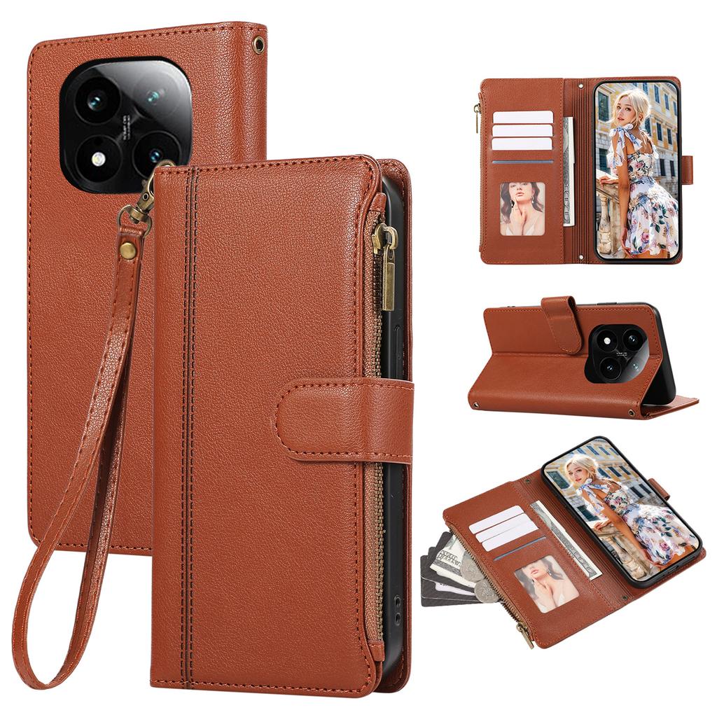 For Xiaomi Redmi Note 14 Pro 4G Case Multi Card Slots Zipper Leather Phone Cover with Wrist Strap