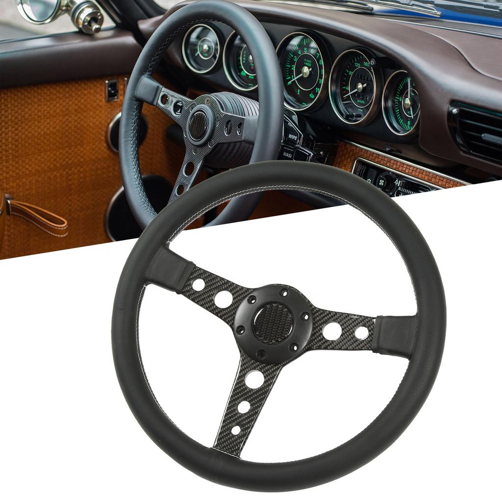 Carbon Fiber Steering Leather Wheel White Stitching 350mm 6 Holes Universal for Car Modification