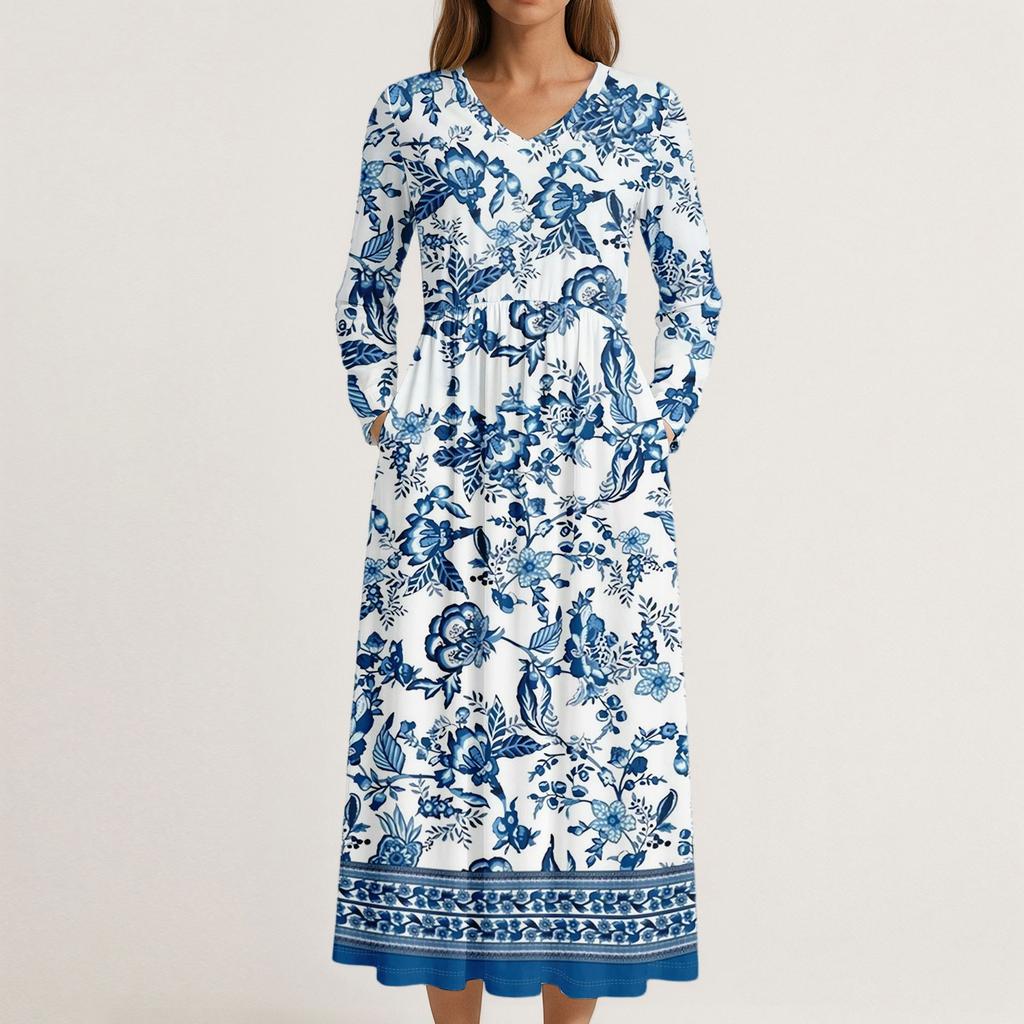 Šaty Pro Ženy Dlouhé Boho Plážové Šaty Elegantní Maxi Šaty Výstřih do V Dlouhý Rukáv Šaty s Kapsami