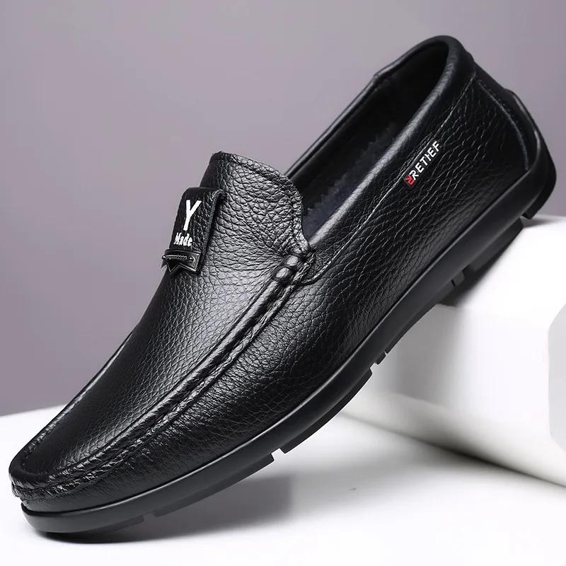 New Men Genuine Leather Casual Shoes Spring Summer Comfortable Flat Slip-on Loafers Micropores Leather Sandal 38 чёрный