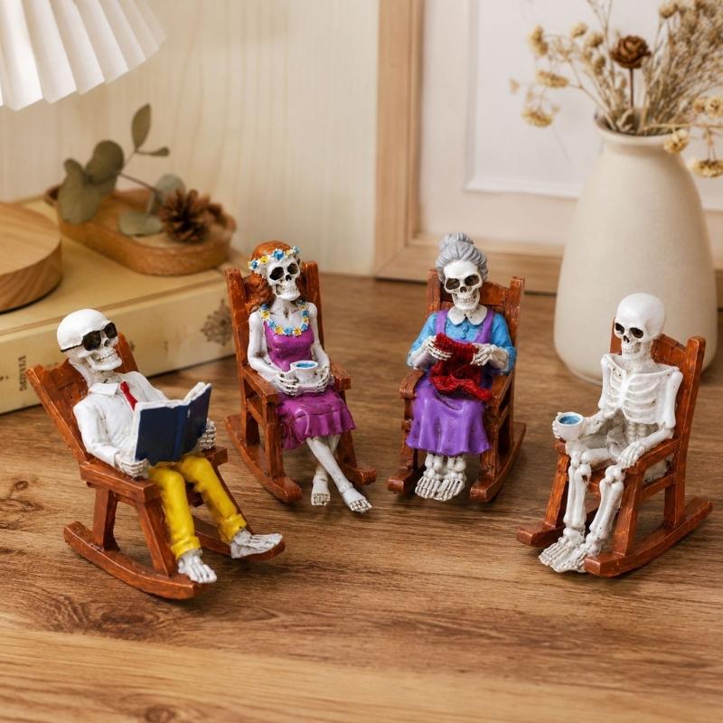 Halloween Rocking Chair Figure for Shelf Display and Room Styling, Skull Home Accent for Bookcase and Entry Placement