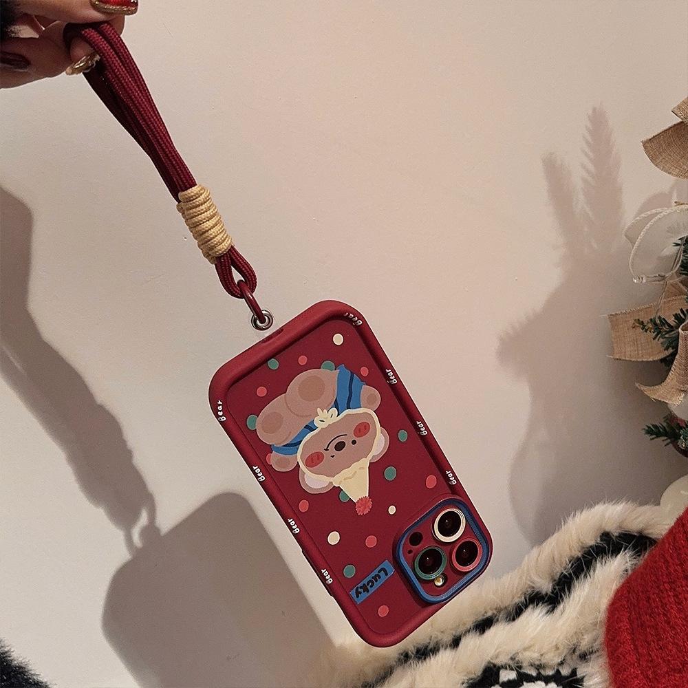 Korean Style Bear Lanyard IPhone 17 Apple Phone Case 14pro Burgundy 11 Suitable for 13 Matte 16 Full Cover X