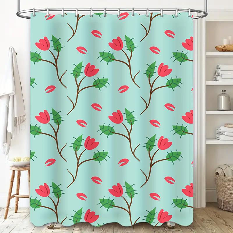 Bright Floral Shower Curtain for Bathroom Decor Green Leaves Red Flowers Pattern, Quick Dry Fabric Waterproof Shower Curtains Se